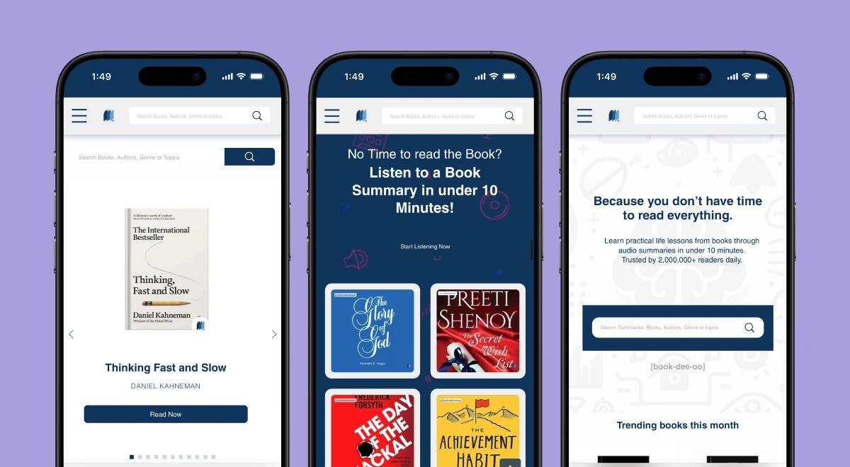 Three Bookdio app screenshots on iPhones showing Thinking Fast and Slow book summary, audio book summary listening screen with multiple titles, and the app homepage with trending books this month on p
