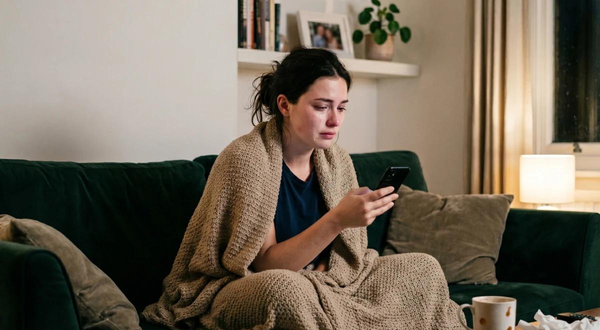 Young woman wrapped in a beige blanket on a dark green sofa, tearfully looking at her phone after a breakup, with a lamp and bookshelf in the background
