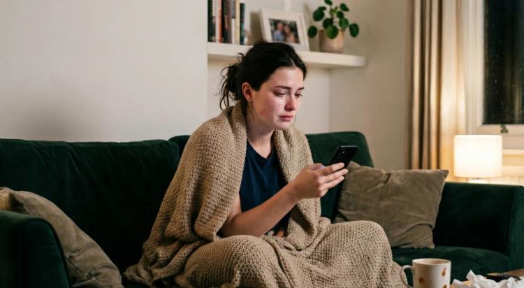 Young woman wrapped in a beige blanket on a dark green sofa, tearfully looking at her phone after a breakup, with a lamp and bookshelf in the background