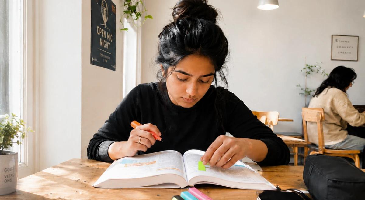 Young woman in black top studying and highlighting an open book at a wooden table in a bright café, representing focused reading strategies for ADHD