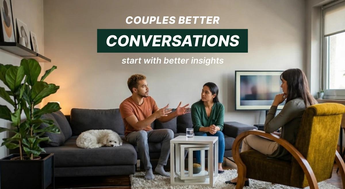 Couple having a conversation with a therapist in a cozy living room with a plant and white coffee table, working through love problems and improving communication