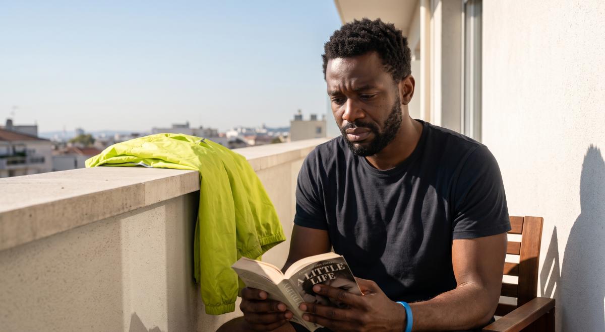 Man in a black t-shirt sitting on a sunny balcony reading one of the sad books, A Little Life, with a green jacket draped over the railing and rooftops behind