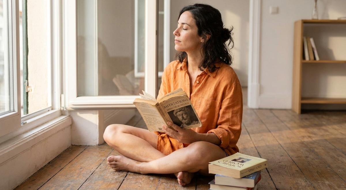Woman in orange shirt sitting cross-legged on wooden floor by a window, eyes closed while holding Meditations by Marcus