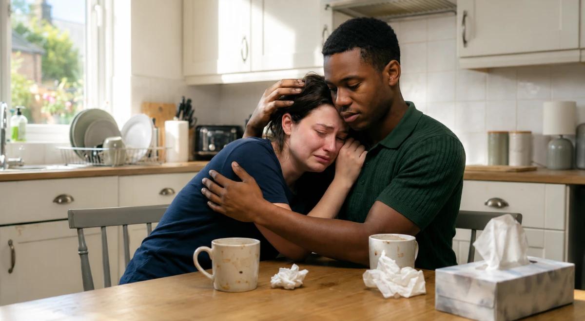 Man comforting a crying woman leaning on his shoulder at a kitchen table with tissue box and mugs, offering emotional support after a breakup