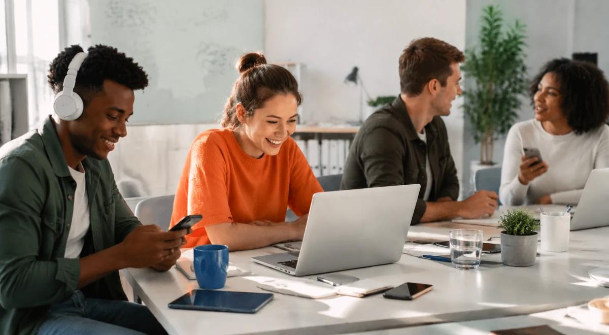 Four diverse colleagues smiling and collaborating at a bright office table with laptops and smartphones during a corporate microlearning training session