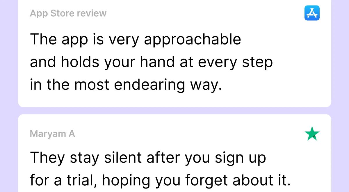 White card showing a 5-star App Store review of the Ahead app praising its approachable and supportive user experience