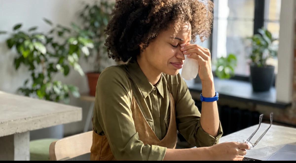 A woman with curly hair sitting at a desk, pressing her fingers to her nose with eyes closed, appearing stressed or overwhelmed, with green plants and a window in the background