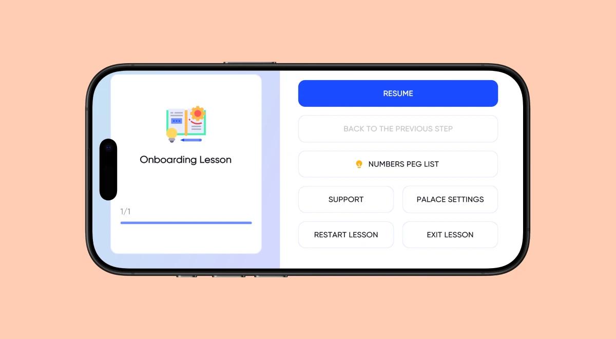 MemoryOS app onboarding lesson screen displayed on iPhone, showing menu with peg list and palace settings options on salmon pink background