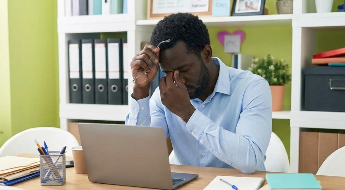 Stressed Black man in a blue shirt holding his head at a desk with a laptop, shelves with binders and plants in the background, startup burnout concept