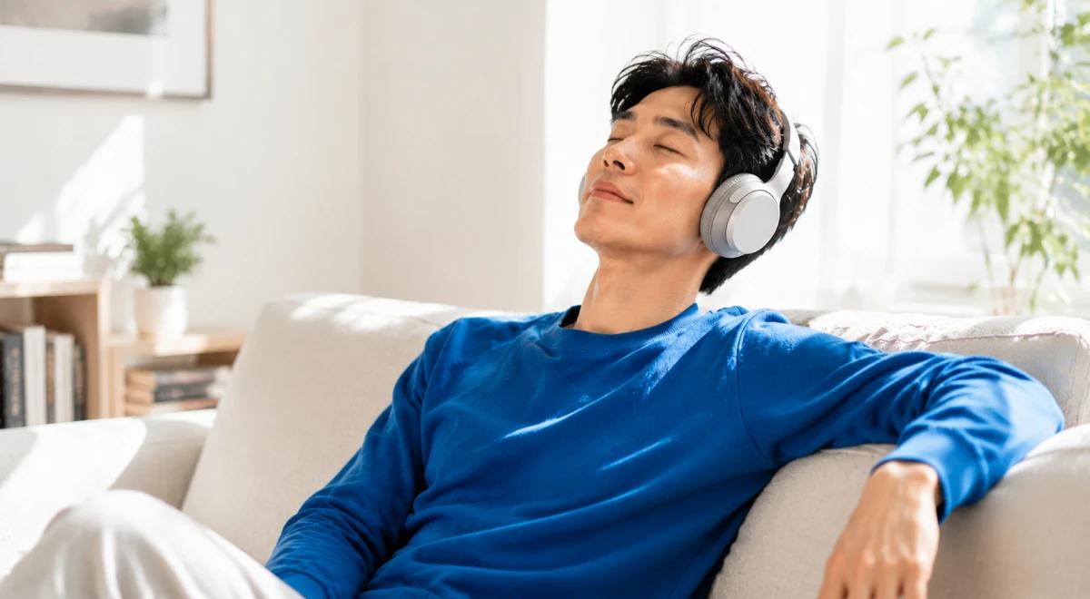 Young man in a blue sweater relaxing on a sofa with eyes closed wearing white over-ear headphones, enjoying peace after forgiving yourself
