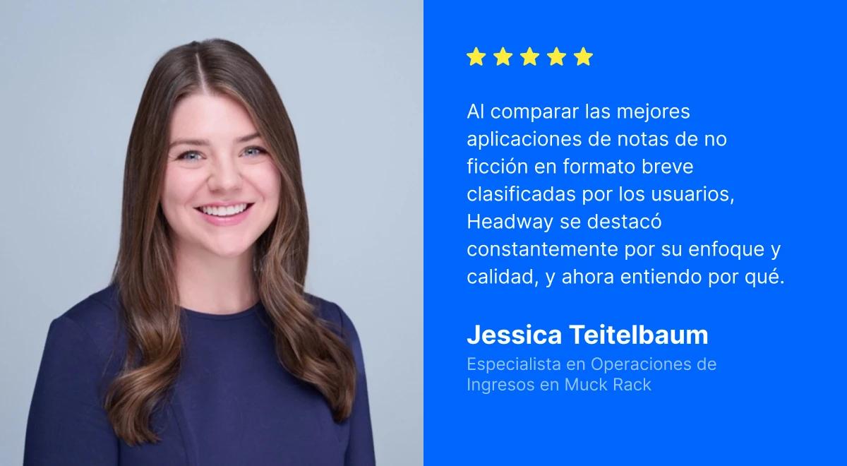 Jessica Teitelbaum, especialista en operaciones de ingresos de Muck Rack, sonriendo en una foto profesional junto a su reseña de cinco estrellas de la aplicación Headway sobre un fondo azul
