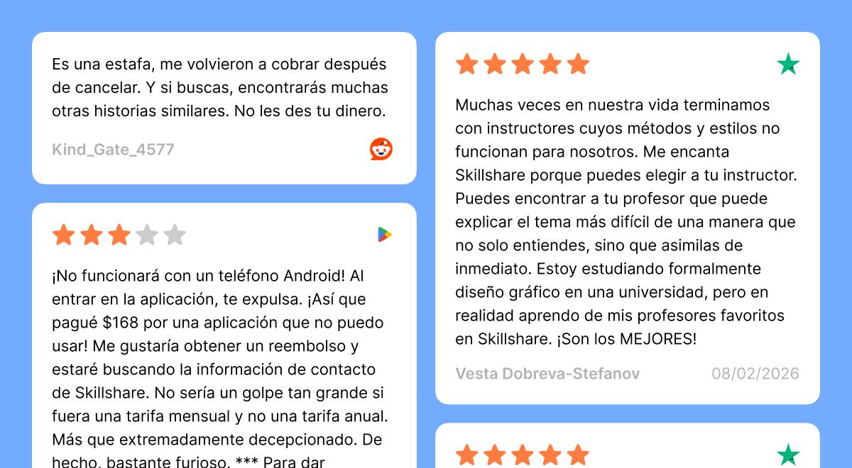 Reseña de Skillshare en tarjetas blancas sobre fondo azul con opiniones de usuarios de Reddit y Google Play, calificacio