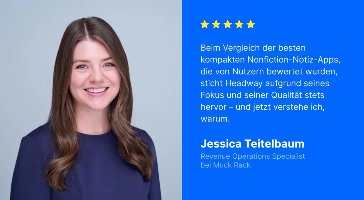 Jessica Teitelbaum, Revenue Operations Specialist bei Muck Rack, lächelt auf einem professionellen Foto neben ihrer Fünf-Sterne-Bewertung der Headway-App vor blauem Hintergrund