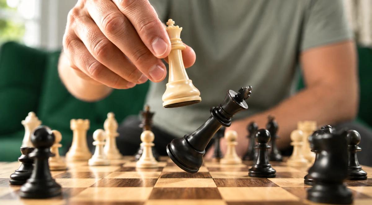 Person moving a white chess piece on a wooden chessboard during a strategic game, representing critical thinking and learning habits