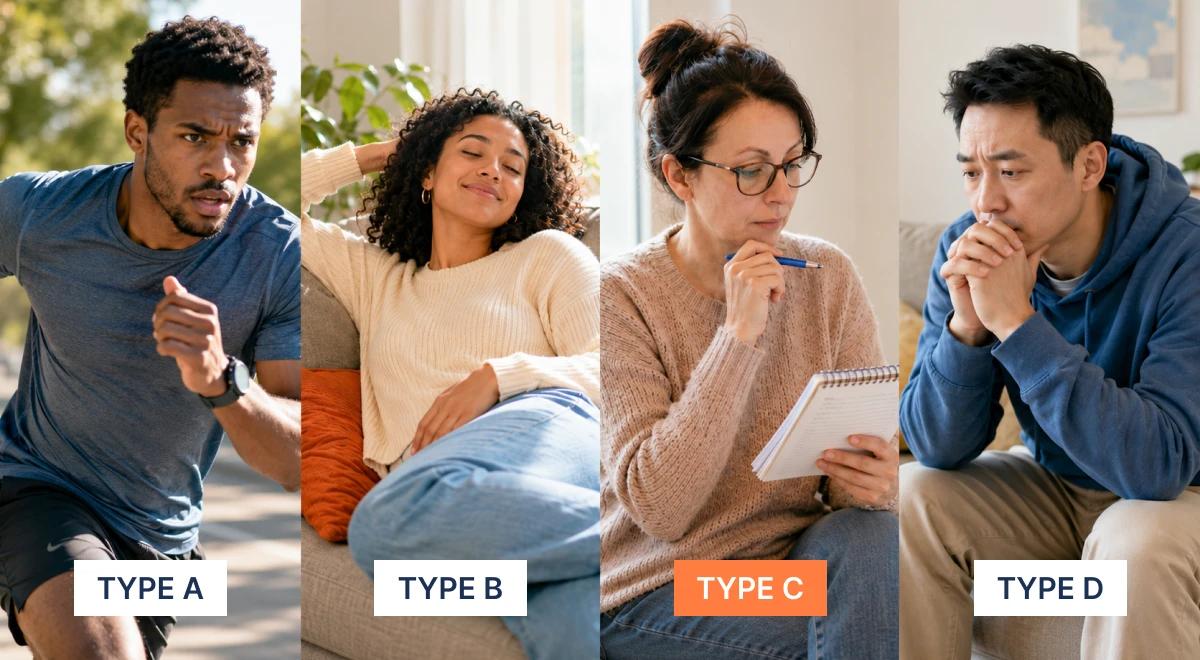 Four personality types illustrated with photos_ Type A man running outdoors, Type B woman relaxing on a couch, Type C woman writing in a notebook, and Type D man sitting pensively