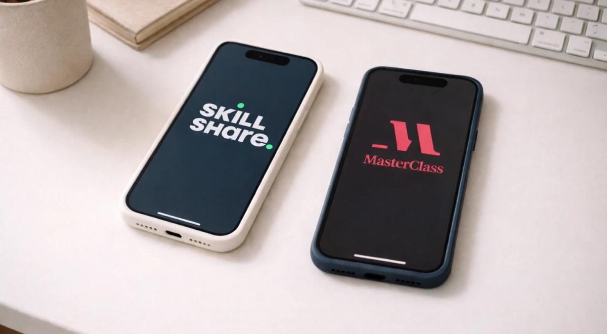 Two smartphones on a beige desk near a keyboard — one displaying the Skillshare logo on a dark screen, the other showing the MasterClass logo, for a MasterClass vs Skillshare apps review