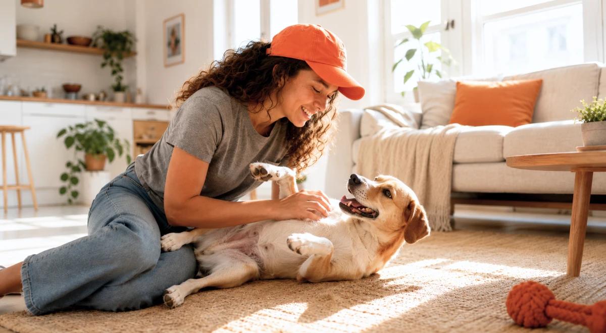 Young woman in an orange cap sitting on a living room floor smiling and playing with a golden retriever dog, enjoying a moment of relief from stress