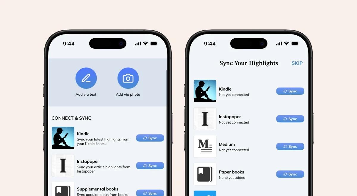 Two smartphone screenshots of the Readwise app showing the Connect & Sync screen with Kindle, Instapaper, and Matter integrations, and the Sync Your Highlights setup screen