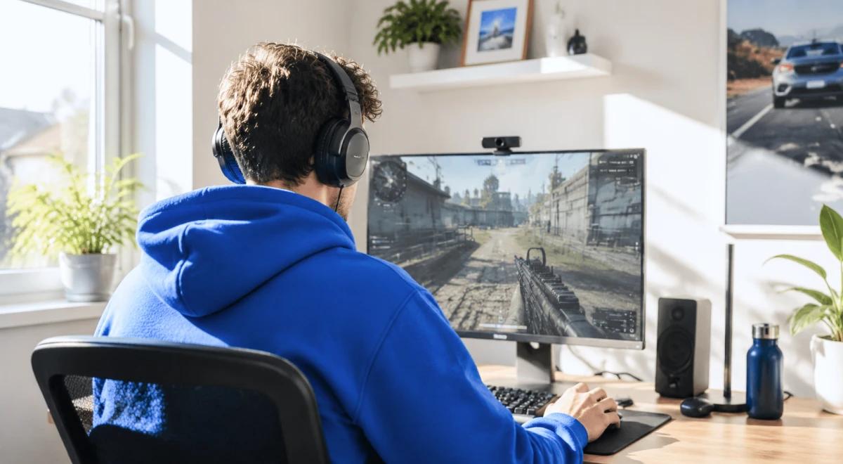 Young man in a blue hoodie and headphones playing a video game on a desktop monitor, avoiding responsibilities as a sign of self-sabotage