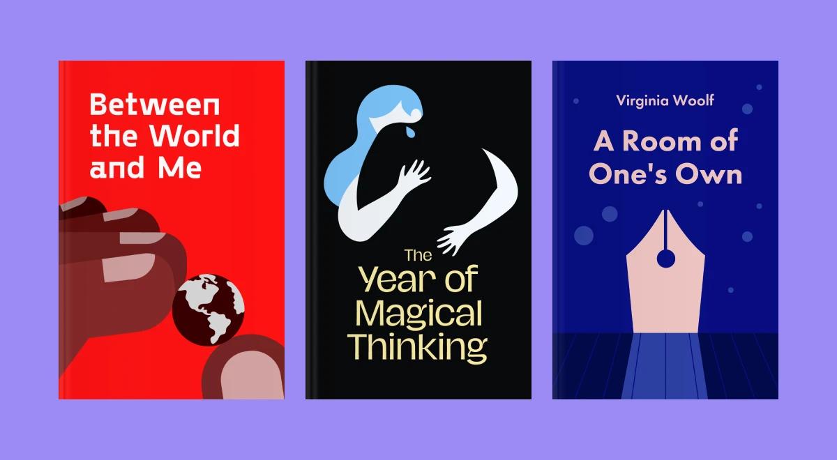 Three best nonfiction book covers displayed on a purple background_ Between the World and Me, The Year of Magical Thinking, and A Room of One's Own by Virginia Woolf