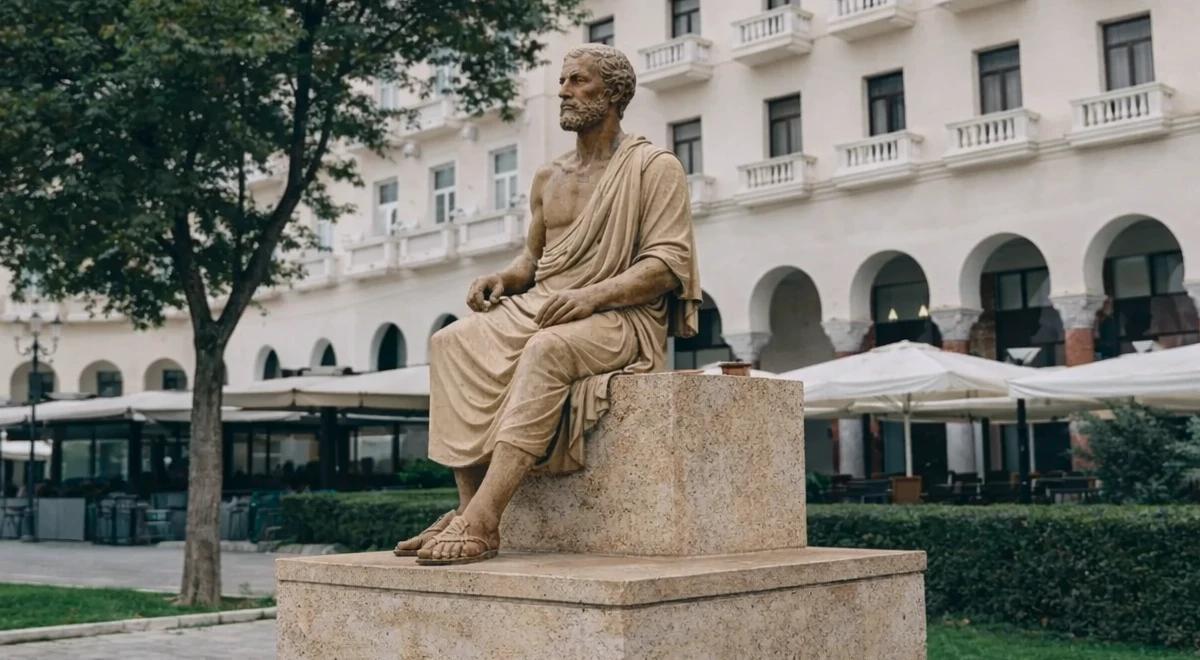 Aristotle stone statue seated on a pedestal in an outdoor plaza with trees and a white classical building in the background, representing ancient philosophy books culture