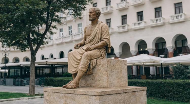 Aristotle stone statue seated on a pedestal in an outdoor plaza with trees and a white classical building in the background, representing ancient philosophy books culture