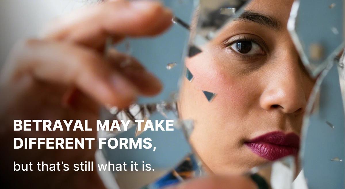 Woman with red lips holding a broken mirror shard reflecting her face against a blue background, representing betrayal in relationships