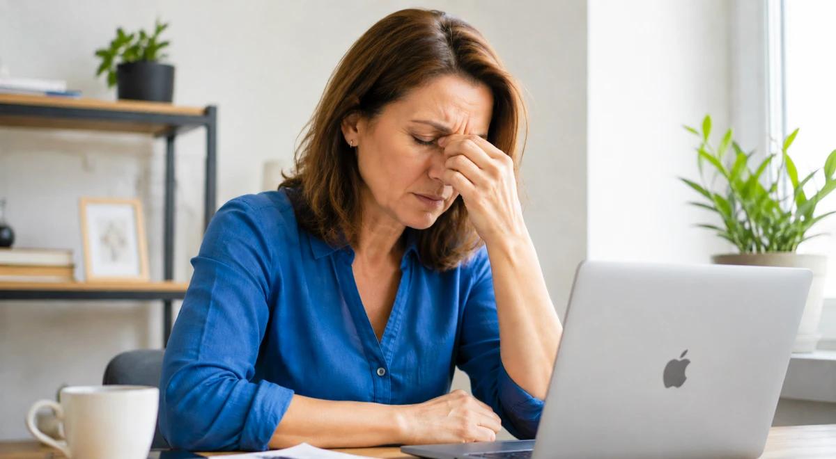 Stressed middle-aged woman in a blue shirt sitting at a desk with a MacBook, holding her hand to her face in a home office with shelves and green plants in the background