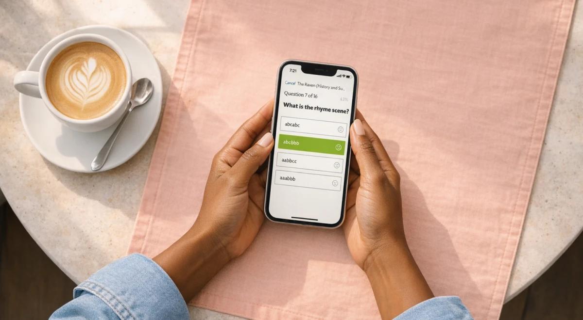Hands holding a smartphone displaying the eNotes app quiz interface over a pink surface beside a latte cup, showing the microlearning app's question-and-answer feature