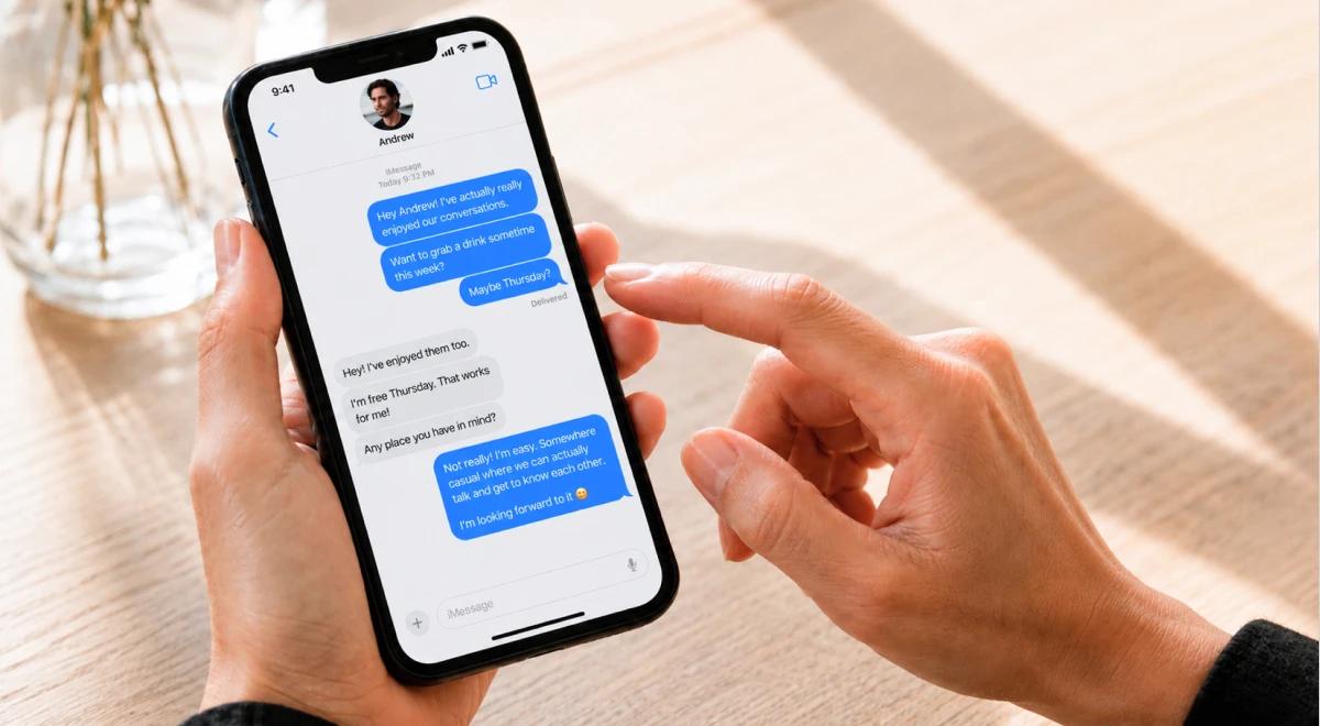 Person holding a smartphone showing a flirty text message conversation, with another hand pointing at the screen, suggesting online flirting in a modern relationship