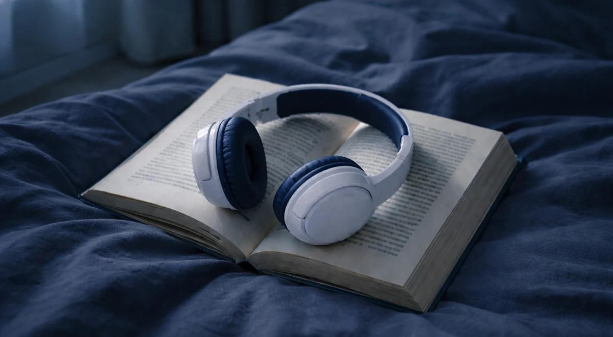 Open book on blue bedding with white and blue over-ear headphones resting on top, evoking a cozy setup for best sci-fi audiobooks