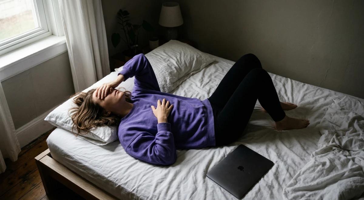 Woman in a purple hoodie lying on a rumpled bed holding her head in distress, laptop beside her, representing learned helplessness