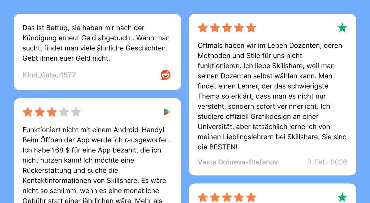 Skillshare-Testbericht mit gemischten Nutzerbewertungen von Reddit, Google Play und Trustpilot auf blauem Hintergrund, m