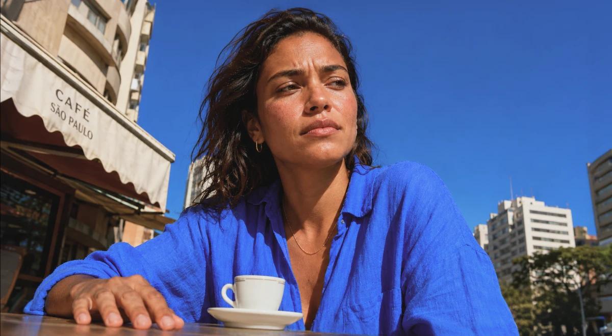 Woman in a blue shirt sitting alone at an outdoor café table with a coffee cup, looking away with a serious and uneasy expression under a clear blue sky