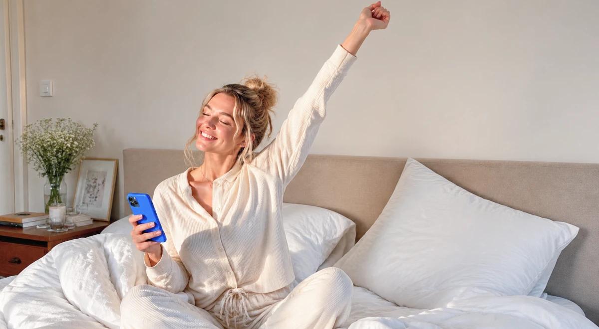 Smiling blonde woman in white pajamas stretching and holding a phone while sitting in bed, representing a positive morning routine with a mobile app