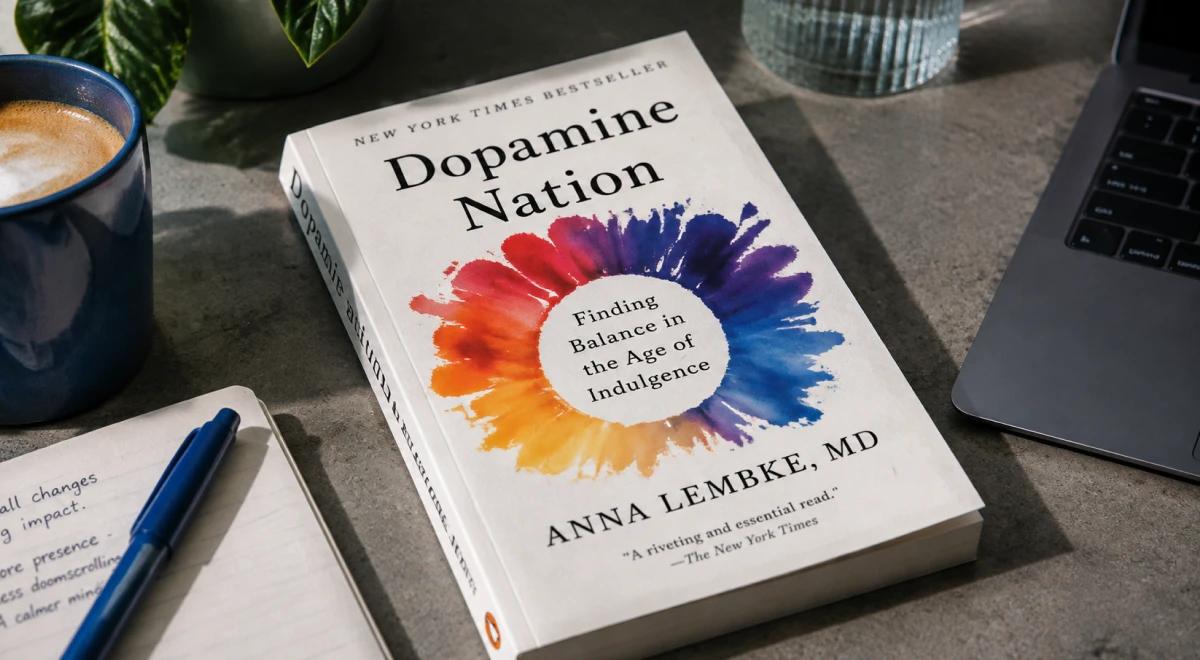 Book review setup with Dopamine Nation by Anna Lembke resting on a grey desk beside a latte and open notebook
