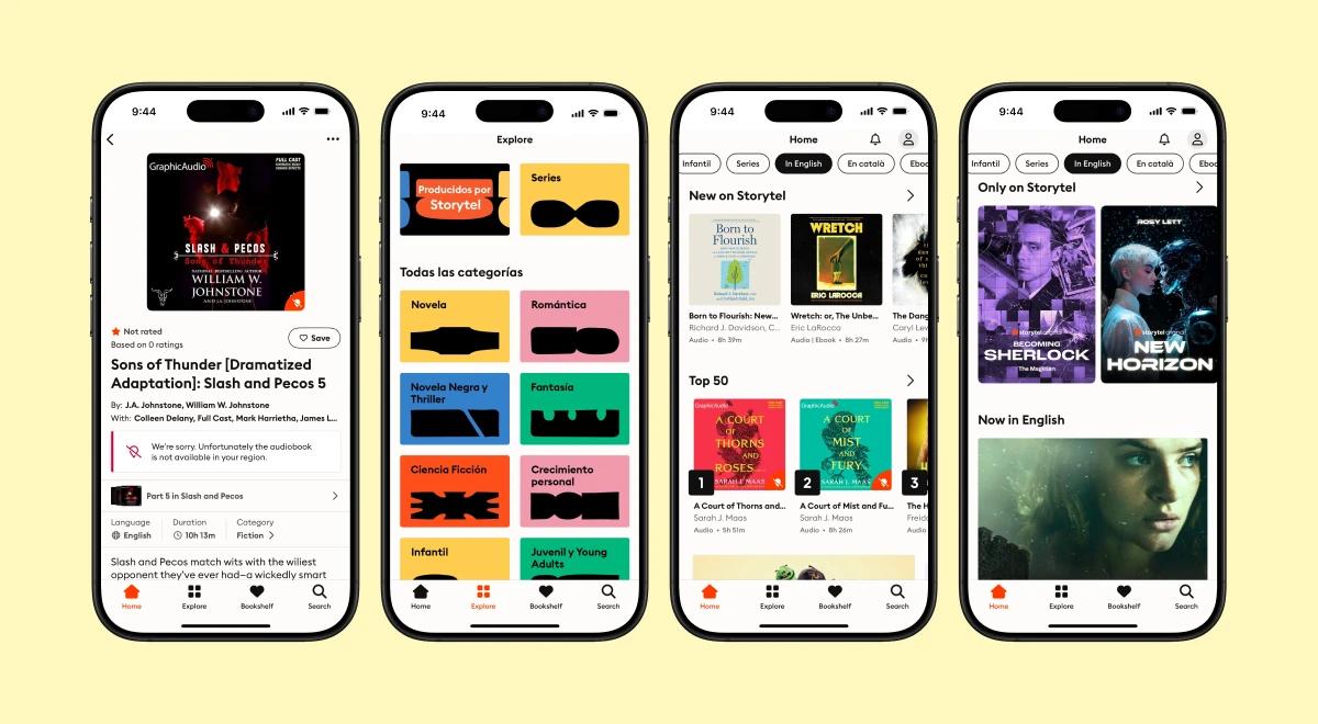 Four iPhone screens displaying the Storytel audiobooks app interface with colorful book categories, series, and listening options on a yellow background
