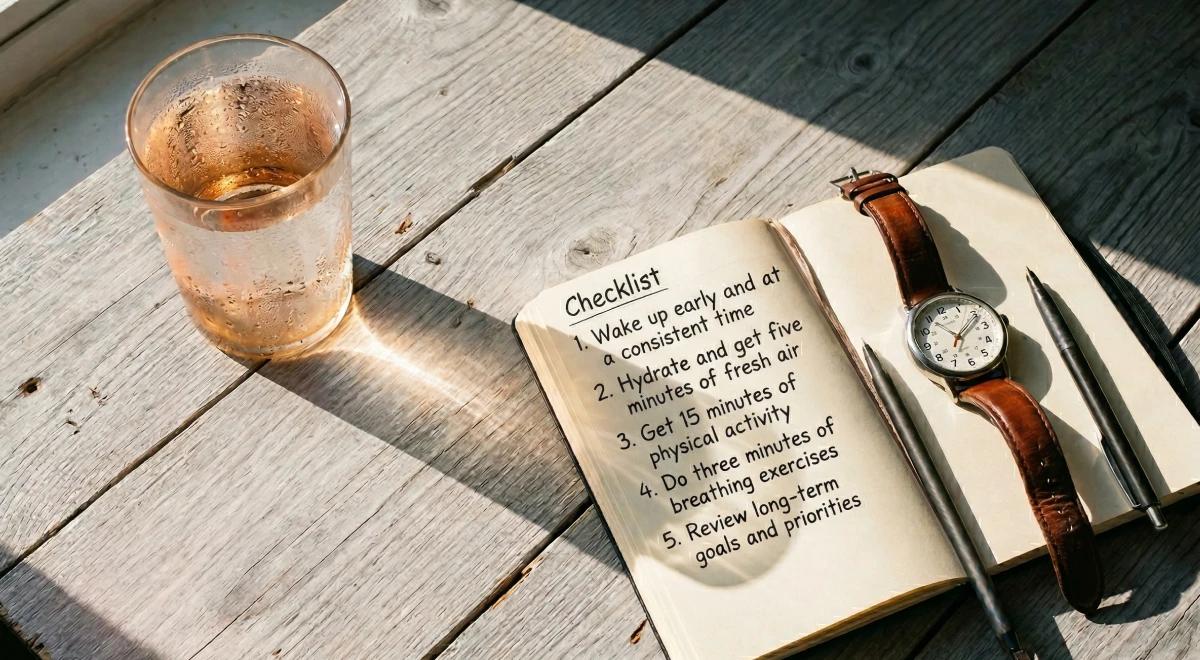 _Open notebook with a morning routine checklist, a glass of tea, leather watch, and pen on a wooden surface — ultimate productivity planning flatlay