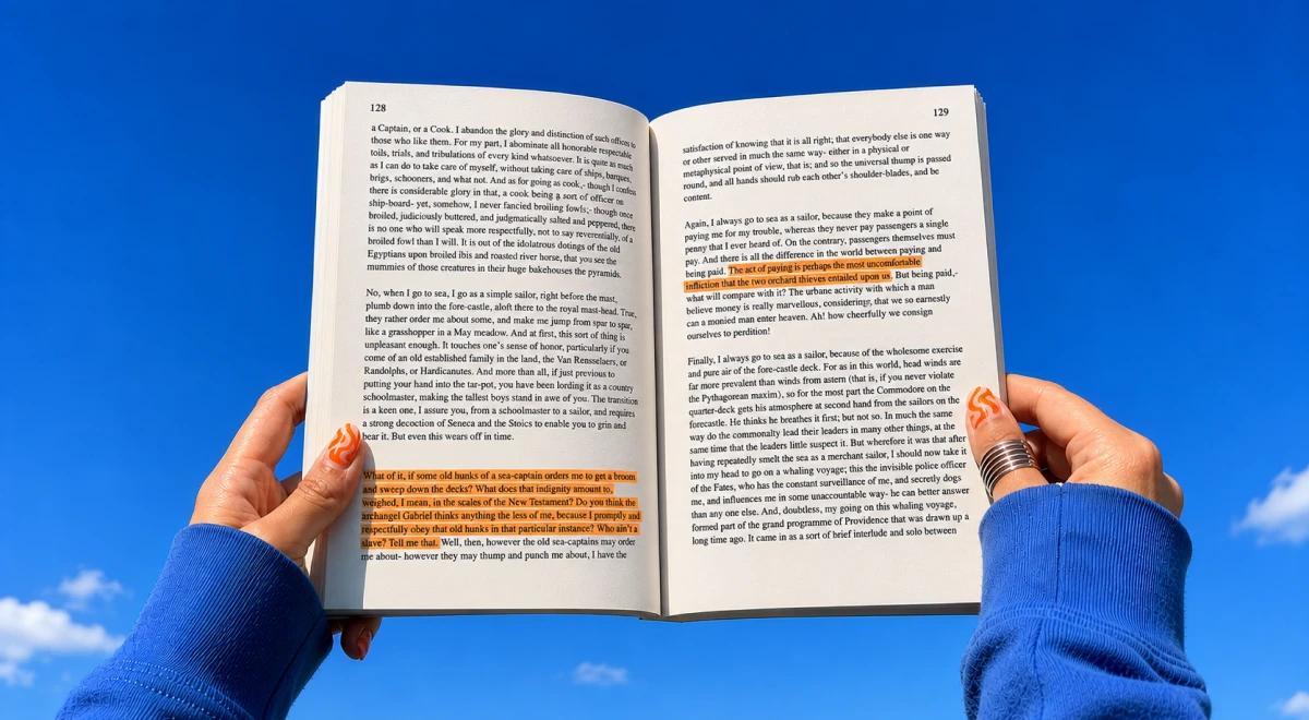 Person in a blue sweater holding open a highlighted paperback book against a bright blue sky with clouds, representing literature reading and book trivia