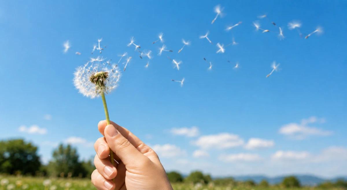 Hand holding a dandelion with seeds blowing away against a clear blue sky, symbolizing trauma release and letting go of emotional pain