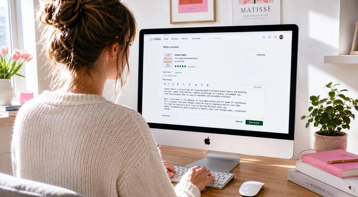 Woman with an updo hairstyle sitting at a desk using an iMac displaying a book summary website, with pink flowers and a Matisse book in the background