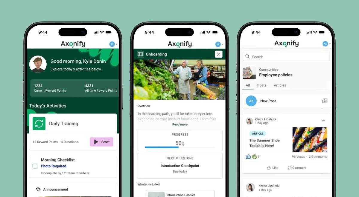 Three smartphones showing Axonify app screens including daily training dashboard, onboarding progress, and employee communities feed on a teal background