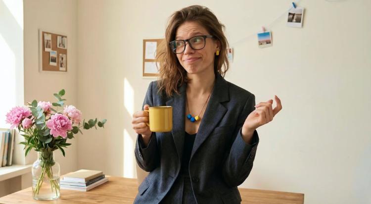 Woman in dark blazer and glasses holding a yellow mug with a puzzled expression, standing near a desk with pink flowers and a corkboard, searching for books to control emotions