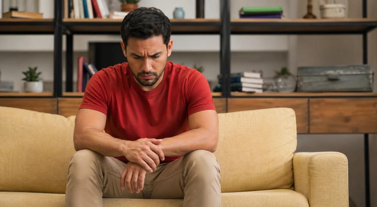 Upset man in a red t-shirt sitting on a yellow sofa with hands clasped, looking down with a worried expression, dealing with emotional pain after a relationship
