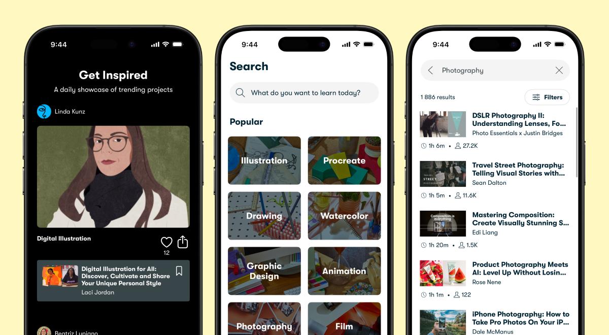 Three smartphones showing Skillshare Premium screens with a Get Inspired digital illustration feed, a search page listing popular creative categories, and photography class results on a yellow background