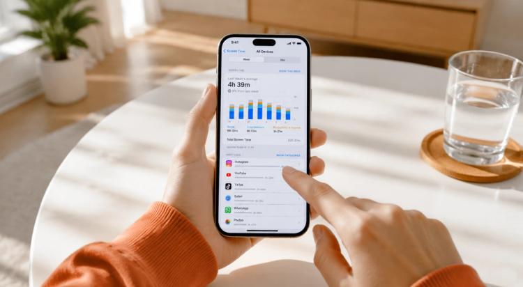 Person checking Screen Time statistics with app usage breakdown including Instagram, YouTube, and TikTok on smartphone, illustrating how to reduce screen time