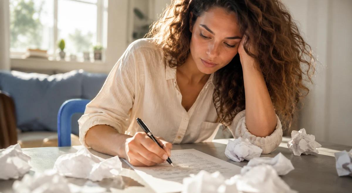 Stressed curly-haired woman in a beige shirt writing on paper surrounded by crumpled sheets at a table, representing the emotional struggle of practicing forgiveness