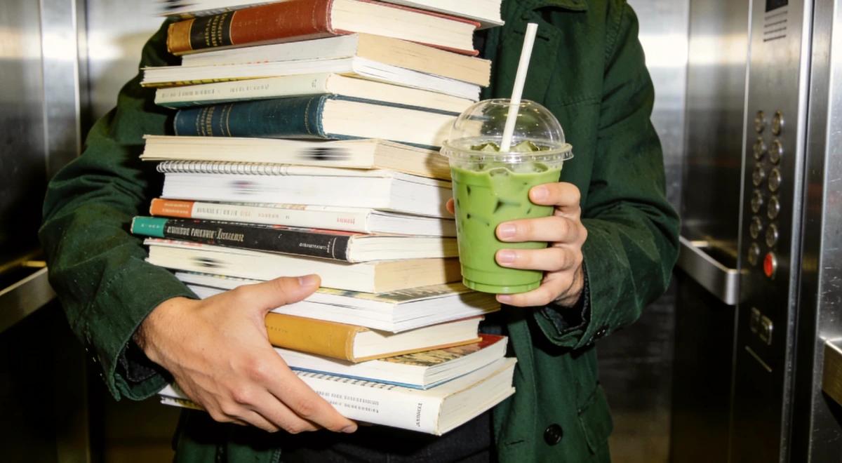 Person in a green jacket holding a large stack of books and an iced matcha drink, representing a daily reading and learning habit
