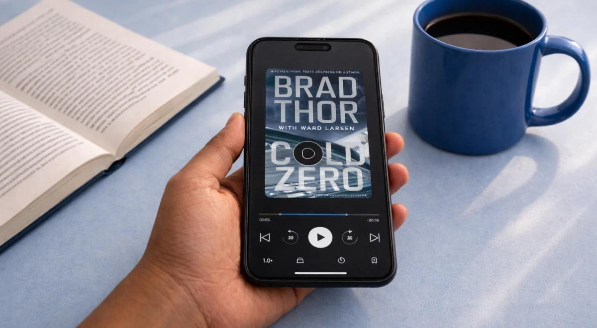 Hand holding a smartphone with Brad Thor's Cold Zero thriller audiobook on Audible, beside an open book and blue mug on a light blue surface