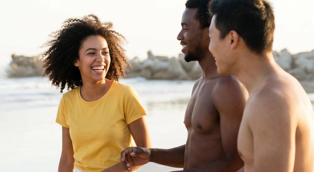 Smiling young woman in a yellow t-shirt greeting two men with a handshake on a sunny beach, conveying a warm and charismatic personality